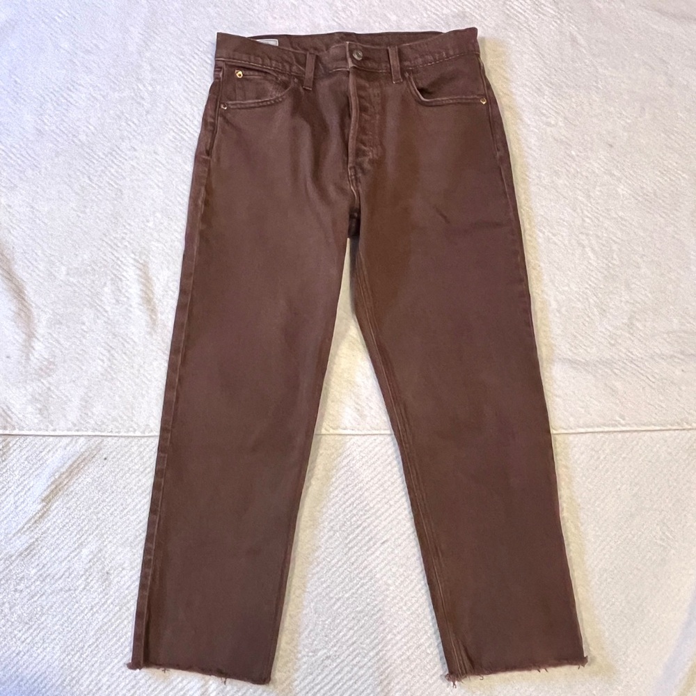 GAP Brown Button Frayed Cheeky Straight High Rise Straight-Leg Jeans Pants